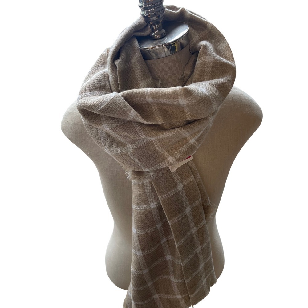 Collection 18 Taupe Plaid Fringe Scarf Acrylic‎ New with Tags MSRP $38
